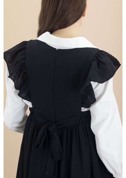 Siyah Fırfır Detaylı Uzun Kol Gömlekli Kız Çocuk Uzun Kesim Elbise 20554 indirimleri