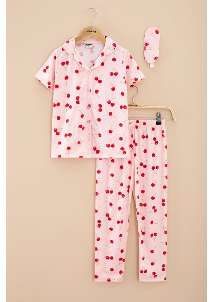 Somon Puantiyeli Kiraz Desenli Kısa Kol Kız Çocuk Pijama Takımı (Göz Bantlı) 20565