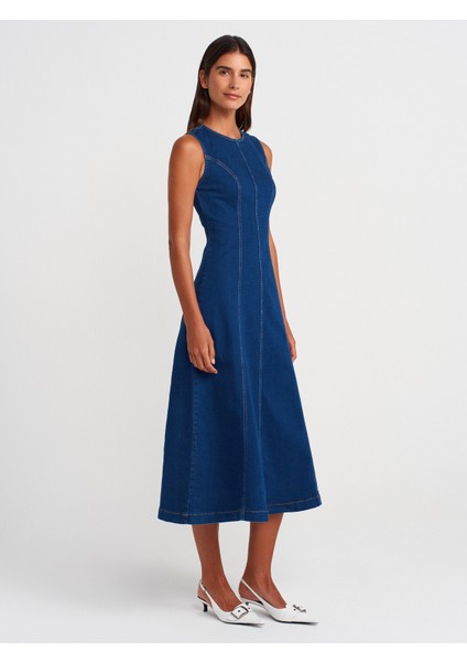 90553 Likralı Uzun Denim Elbise-Mavi
