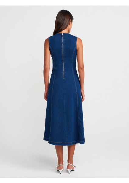 90553 Likralı Uzun Denim Elbise-Mavi fiyatları