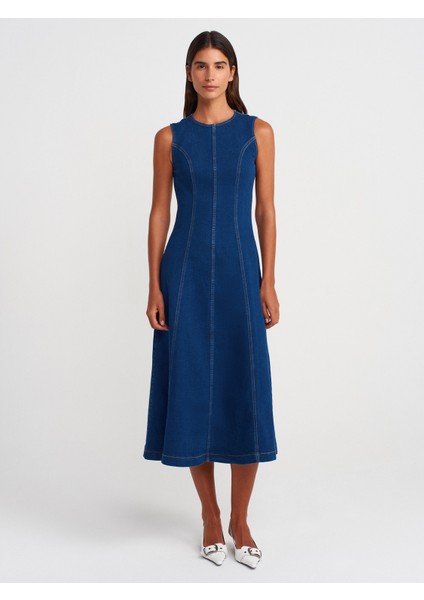 90553 Likralı Uzun Denim Elbise-Mavi fırsatları
