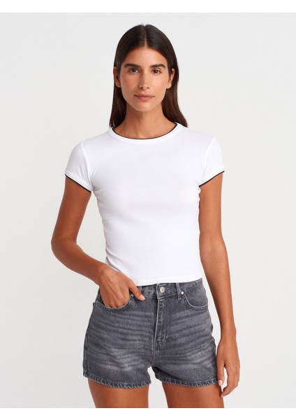 31750 Kontrast Kısa Kollu Tshirt-Beyaz