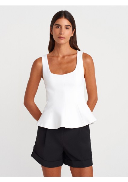 50291 Kare Yaka Peplum Top-Ekru