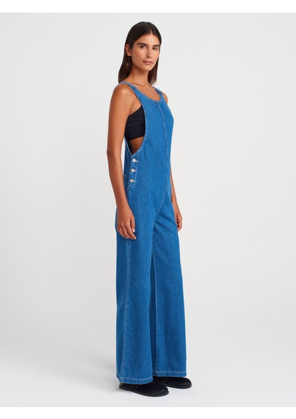 71809 Ince Kumaş Salaş Denim Tulum-Mavi