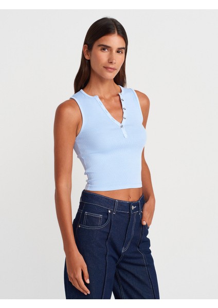 21005 Yıkama Efetkli Crop Top-Çağla