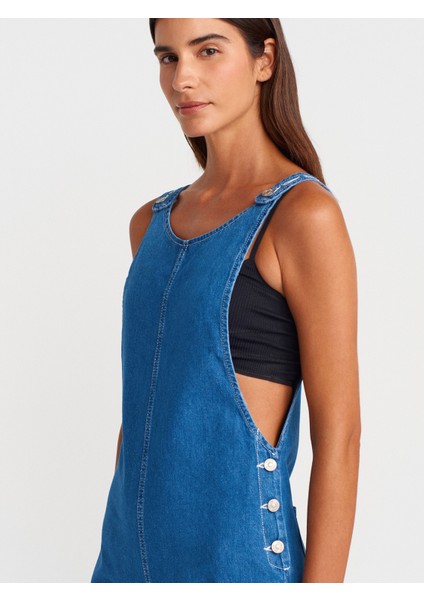 71809 Ince Kumaş Salaş Denim Tulum-Mavi