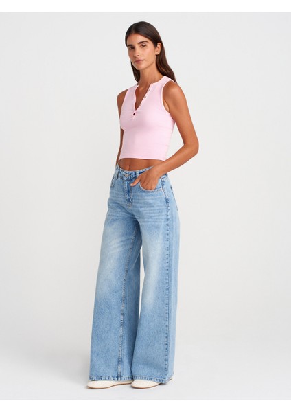21005 Yıkama Efetkli Crop Top-Çağla