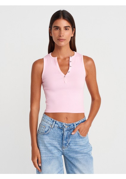 21005 Yıkama Efetkli Crop Top-Çağla