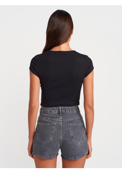 71974 Taşlanmış Denim Mom Şort-Siyah