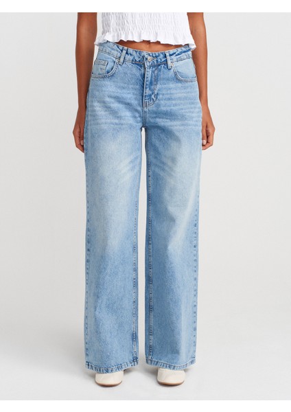 71765 Düşük Bel Kar Yıkama Denim Pantolon-Mavi