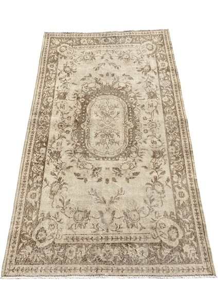 El Dokuma Eskitme Isparta Halısı 120 x 210 Krem Kahve Yün Vintage
