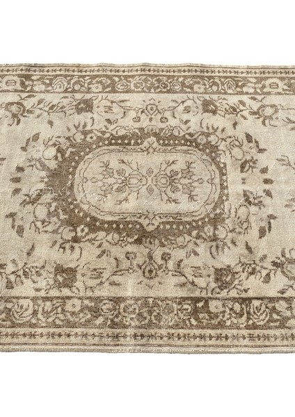 El Dokuma Eskitme Isparta Halısı 120 x 210 Krem Kahve Yün Vintage