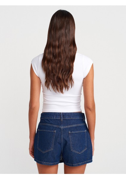 71973 Ön Bölümü Parçalı Denim Şort Etek-Lacivert