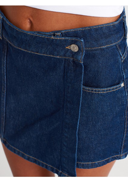 71973 Ön Bölümü Parçalı Denim Şort Etek-Lacivert
