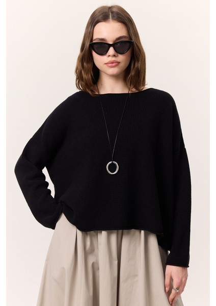 Oversıze Dökümlü Pamuk Kazak Siyah