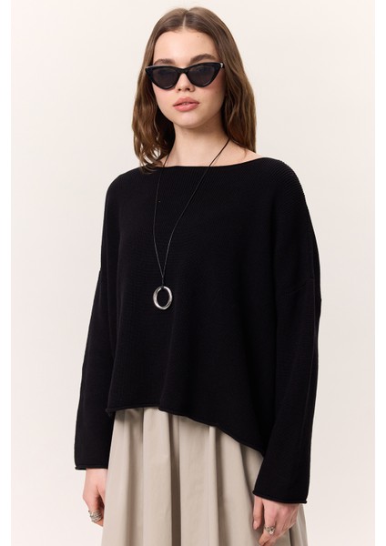 Oversıze Dökümlü Pamuk Kazak Siyah indirimleri