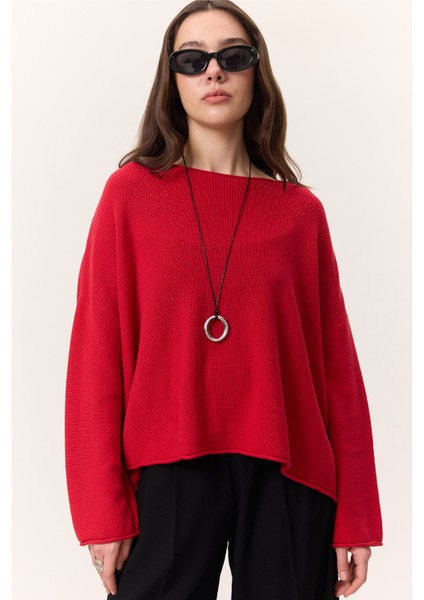 Oversıze Dökümlü Pamuk Kazak Kırmızı fiyatları