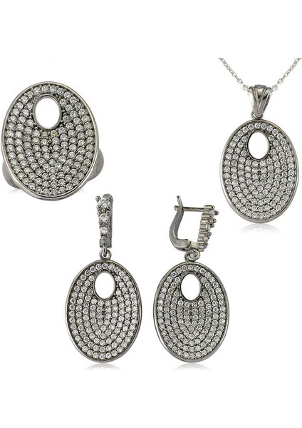 Gümüş Beyaz Taşlı Oval Bayan Set