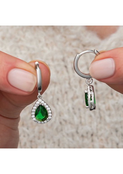 Gümüş Yeşil Zirkon Taşlı Damla Kadın Küpe