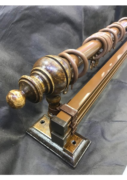 Çift Raylı Rustik Halkalı Perde Tutucu 3lü Perde Askısı Ahşap Başlık Metal Boru Ray