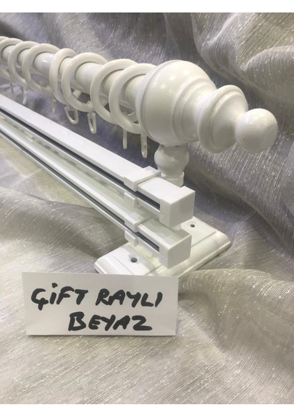 Çift Raylı Rustik Halkalı Perde Tutucu 3lü Perde Askısı Ahşap Başlık Metal Boru Ray