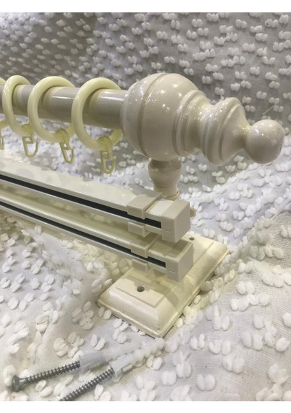 Çift Raylı Rustik Halkalı Perde Tutucu 3lü Perde Askısı Ahşap Başlık Metal Boru Ray