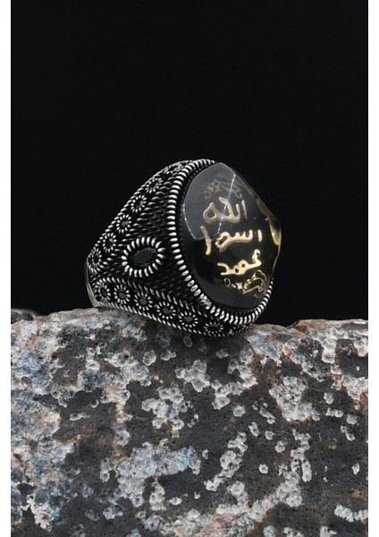 925 Ayar Gümüş Erkek Yüzüğü Mührü Şerif Sıkma Kehribar Taşlı 901644