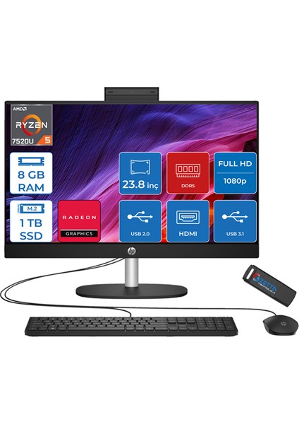24-CR0034NT Amd Ryzen 5 7520U 8gb 1tb SSD Windows 11 Home Amd Radeon™ Grafik Kartı 23.8 Inç IPS Fullhd All In One Bilgisayar 80N40EAH22+ Zetta Flash Bellek