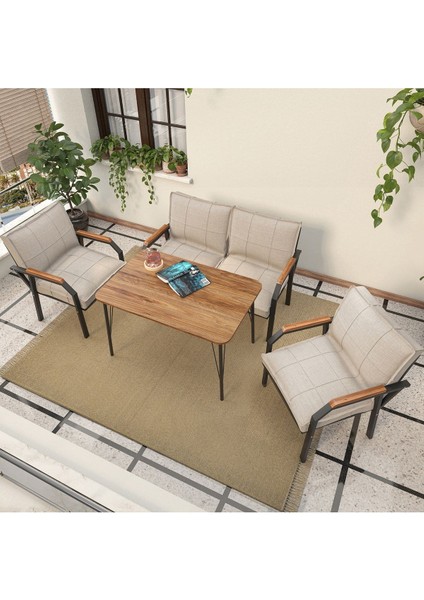 Hayal Serisi Balkon, Bahçe, Cafe - Metal Kanepe Koltuk Takımı - 2+1+1 90X60CM Masalı - Krem
