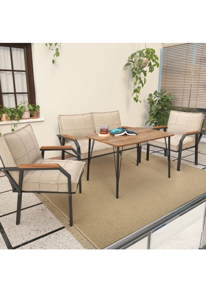 Hayal Serisi Balkon, Bahçe, Cafe - Metal Kanepe Koltuk Takımı - 2+1+1 90X60CM Masalı - Krem