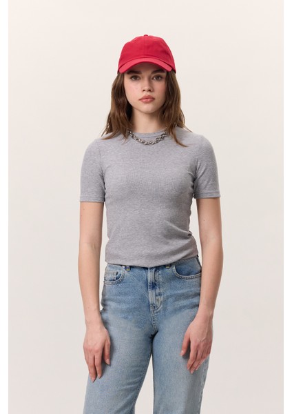 Kısa Kollu Rıbana Body Gri Melanj