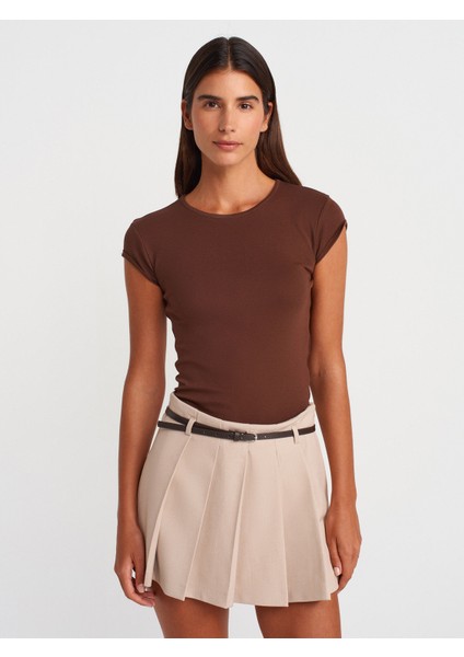 31779 Bisiklet Yaka Basic T-Shirt-Açık Kahve