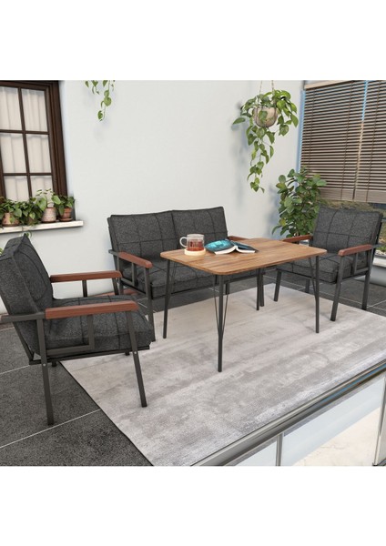 Modern Serisi Balkon, Bahçe, Cafe - Metal Kanepe Koltuk Takımı - 2+1+1 60 x 90 cm Masalı - Antrasit