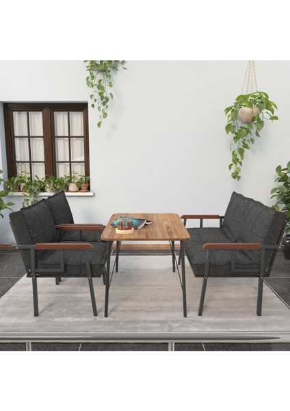 Modern Serisi Balkon, Bahçe, Cafe - Metal Kanepe Koltuk Takımı - 2+1+1 60 x 90 cm Masalı - Antrasit