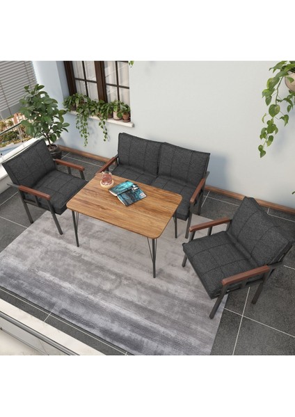 Modern Serisi Balkon, Bahçe, Cafe - Metal Kanepe Koltuk Takımı - 2+1+1 60 x 90 cm Masalı - Antrasit