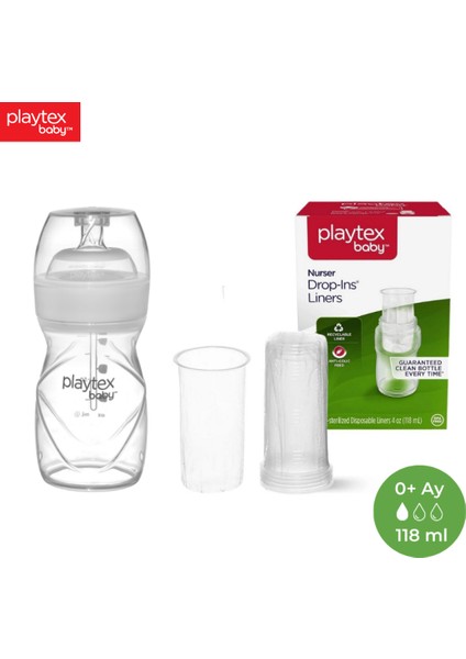 Baby™ Yenidoğan Biberon & Liners® Seti, 118ml 0+ Ay,Yavaş Akış (1 Adet Biberon + 5 Adet Liners) ve 50 Adet Tek Kullanımlık anti-Kolik, Sterilize Biberon Torbası, 0+ Ay