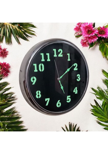 Fosforlu Gümüş Renkli Metal Çerçeveli Duvar Saati Çap 30 cm fiyatları