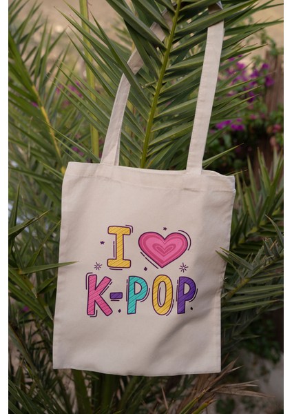I Love K-Pop Baskılı Ham Bez Çanta
