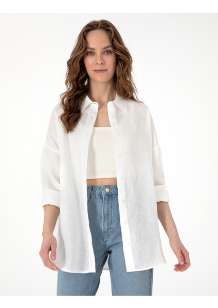 Kadın Beyaz Oversize Uzun Kollu Keten Gömlek 50301078-VR013