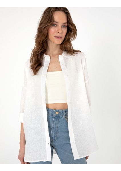 Kadın Beyaz Oversize Uzun Kollu Keten Gömlek 50301078-VR013 modelleri