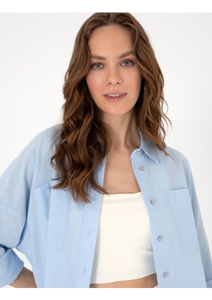 Kadın Mavi Oversize Keten Karışımlı Uzun Kollu Gömlek 50313128-VR249 fiyatları