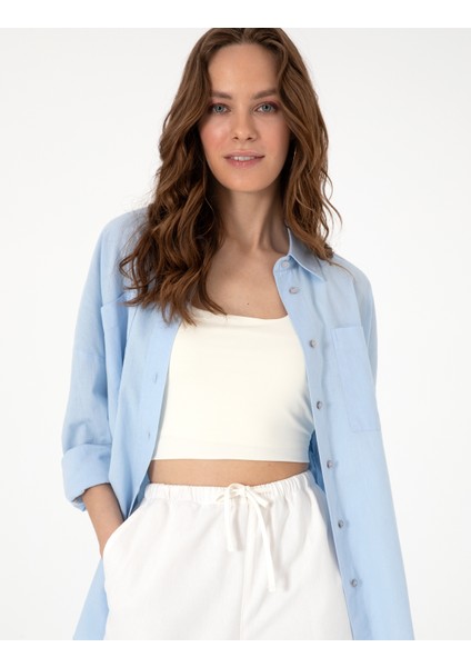 Kadın Mavi Oversize Keten Karışımlı Uzun Kollu Gömlek 50313128-VR249 modelleri