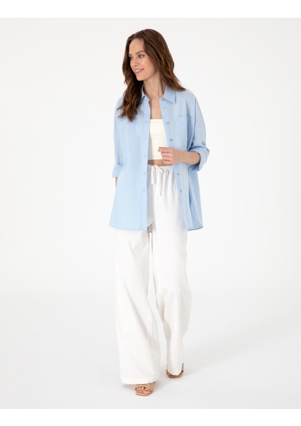 Kadın Mavi Oversize Keten Karışımlı Uzun Kollu Gömlek 50313128-VR249 fırsatları