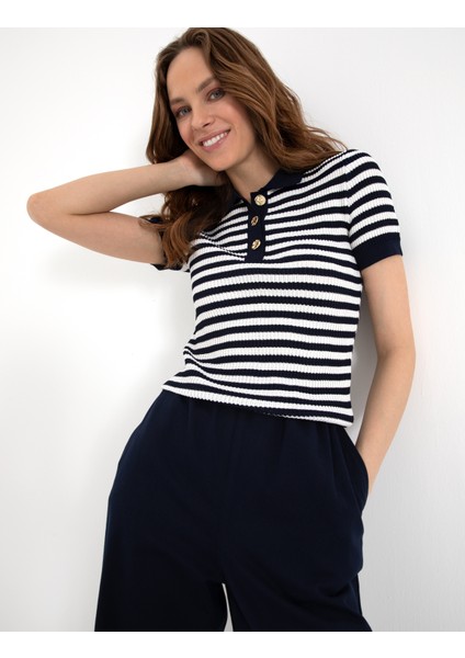 Kadın Lacivert Slim Fit Triko Tişört 50301182-VR033