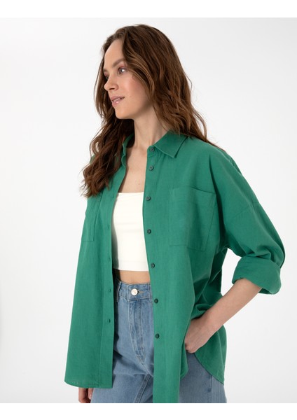 Kadın Zümrüt Oversize Keten Karışımlı Uzun Kollu Gömlek 50313128-VR055 modelleri