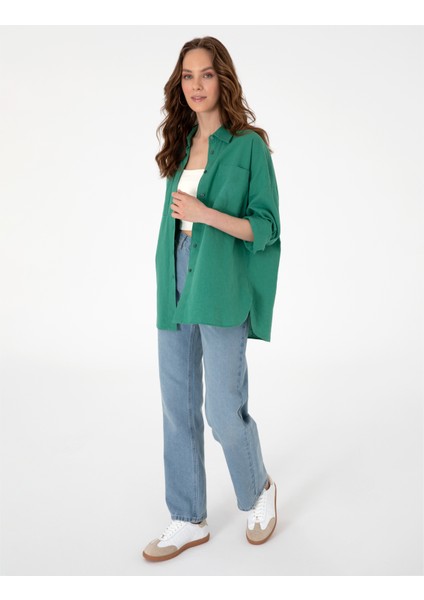 Kadın Zümrüt Oversize Keten Karışımlı Uzun Kollu Gömlek 50313128-VR055 fırsatları