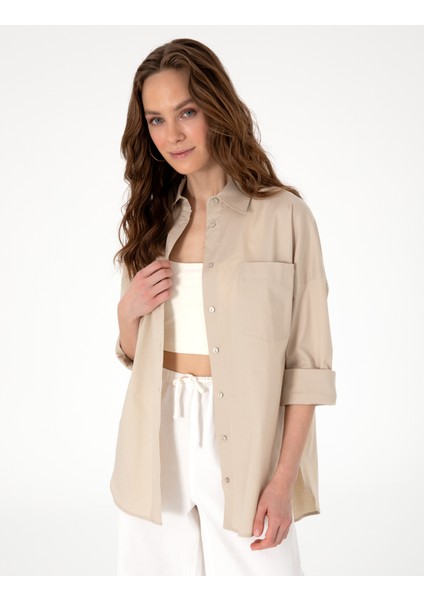 Kadın Kum Oversize Uzun Kollu Gömlek 50313596-VR085