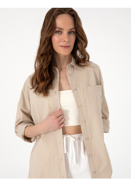 Kadın Kum Oversize Uzun Kollu Gömlek 50313596-VR085