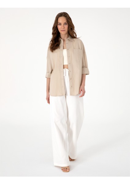 Kadın Kum Oversize Uzun Kollu Gömlek 50313596-VR085