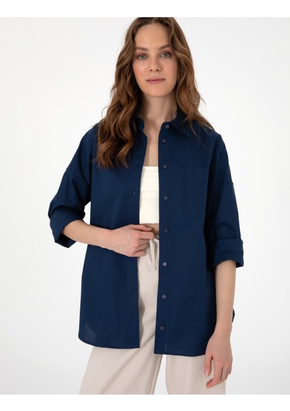 Kadın Lacivert Oversize Uzun Kollu Gömlek 50313596-VR033